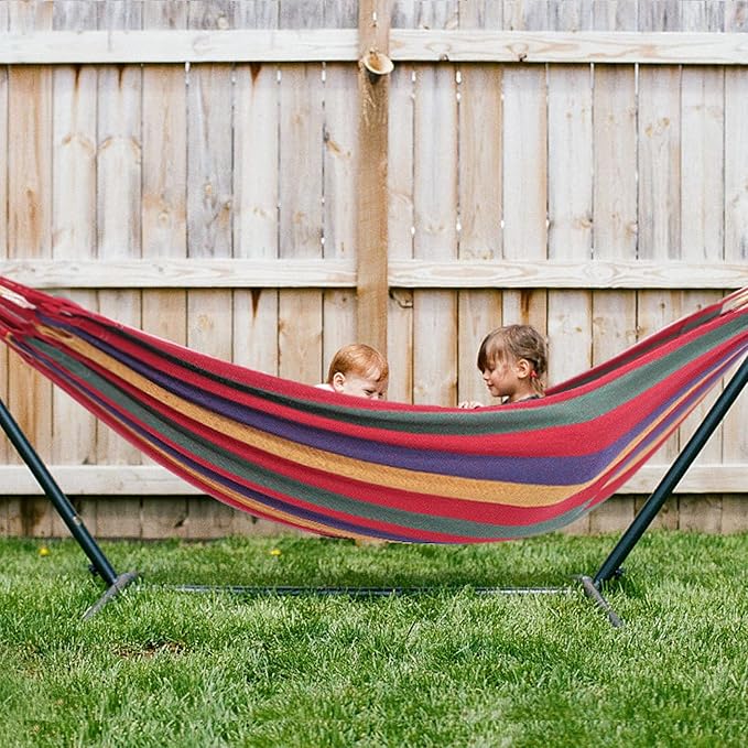 Goutime Children's Hammock with Stand, 220 lb Capacity, with Portable Carrying Bag, Kids Hammocks for Indoor, Outdoor, Patio, Deck, Yard, Beach (Red Stripe, Child Size)