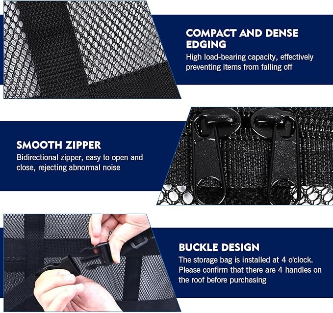 WZP Car Ceiling Cargo Net, 31.5" x 21.6" Double-Layer Mesh Car Roof Storage Ceiling Cargo Net with Adjustable D-Buckle, Universal Auto Accessories for SUVs, Road Trips, Camping Essentials