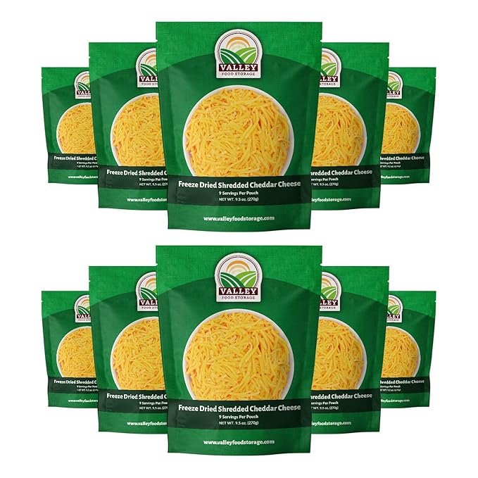 Valley Food Storage Freeze Dried Shredded Cheddar Cheese | 10-Bag Bucket, 95 oz | Premium Emergency Food Supply, 25 Year Shelf Life | Non-GMO Prepper Food for Cooking, Camping & Long-Term Storage