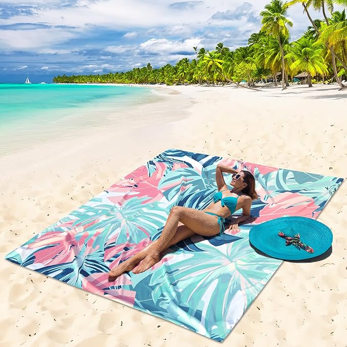 HIHOHO Beach Blanket Waterproof Sandproof Beach Mat for 1-8 Adults Quick Drying Durable Outdoor Picnic Mat for Beach Festival Travel Camping Hiking (Flamingoes-Palm, 79"×83"(4 Person))