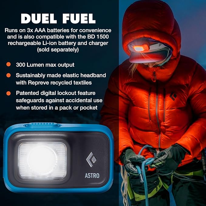BLACK DIAMOND Astro 300 Headlamp | 300 Lumens Brightness | 3X AAA Battery Operated (Included) | Compact & Lightweight | Azul