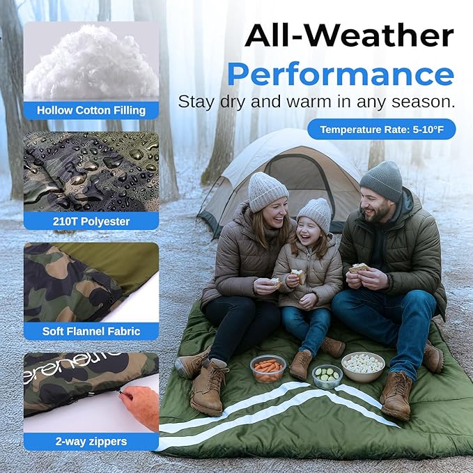 SereneLife Double Sleeping Bag with Pillows, Waterproof & Detachable for 2 Single Bags, Lightweight & Warm, Perfect for Camping, Hiking, Backpacking, and Cold Weather, Suitable for Temperatures 5-10°F