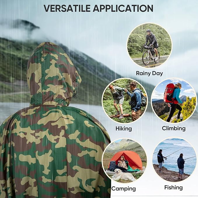 PTEROMY 3-in-1 Hooded Rain Poncho for Adult with Pocket, Waterproof Lightweight Unisex Raincoat for Hiking Camping Emergency