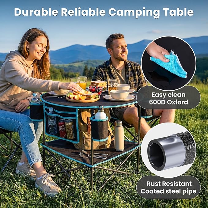 FUNDANGO All in One Tailgate Table, Portable Beach Table with Cup Holders, Camping Table Foldable with Side Pockets Carry Bag for Camp Outdoor Sand Beach Picnic Fishing Tailgating Essentials