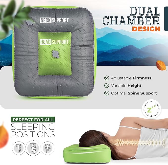 SkogzillaCo- Camping Inflatable Pillow Dual Chamber Ultralight Backpacking Pillow for Camping, Hiking & Travel, Blow Up Pillow with Adjustable Neck, Compact Portable- Green