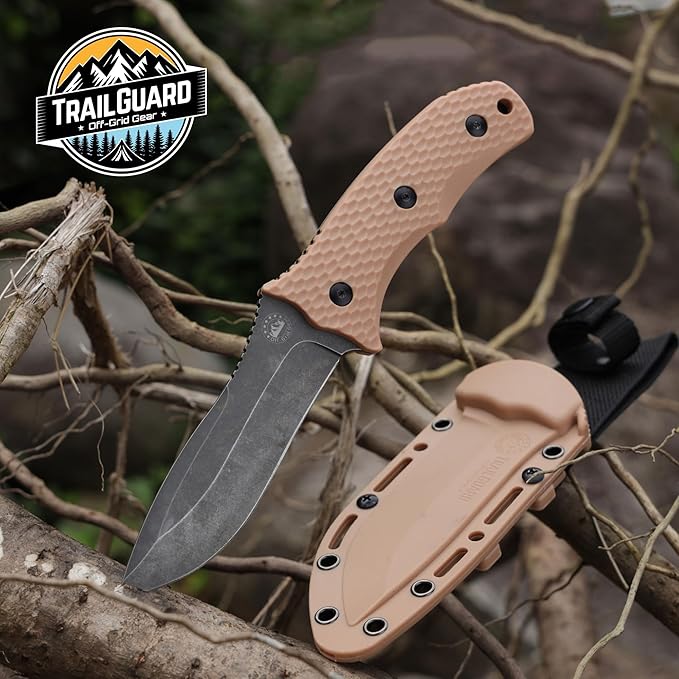 Off-Grid Gear TRAILGUARD Camping & Tactical Fixed Blade Knife, Stainless Steel Blade, Grippy FRN Scales, Sheath, Built For Campers, Preppers, Hunters, Fishermen, Survivalists, Handymen, Boaters, Bug Out Bag (Rustic Canyon)