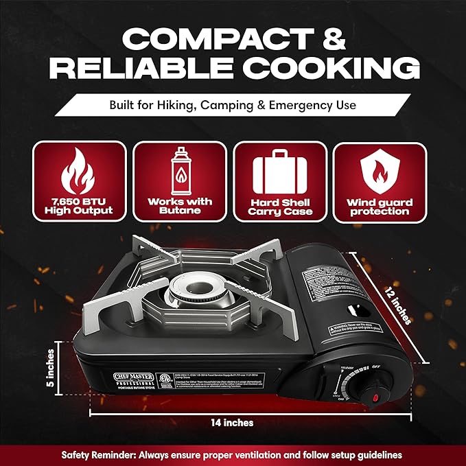 Chef Master Portable Butane Camping Stove, Piezo Ignition 7,650 BTU Output, Wind-Guard Portable Stove Burner with Portable Carrying Case for Emergencies, Road Trips, Hiking, Camping Essentials 90027