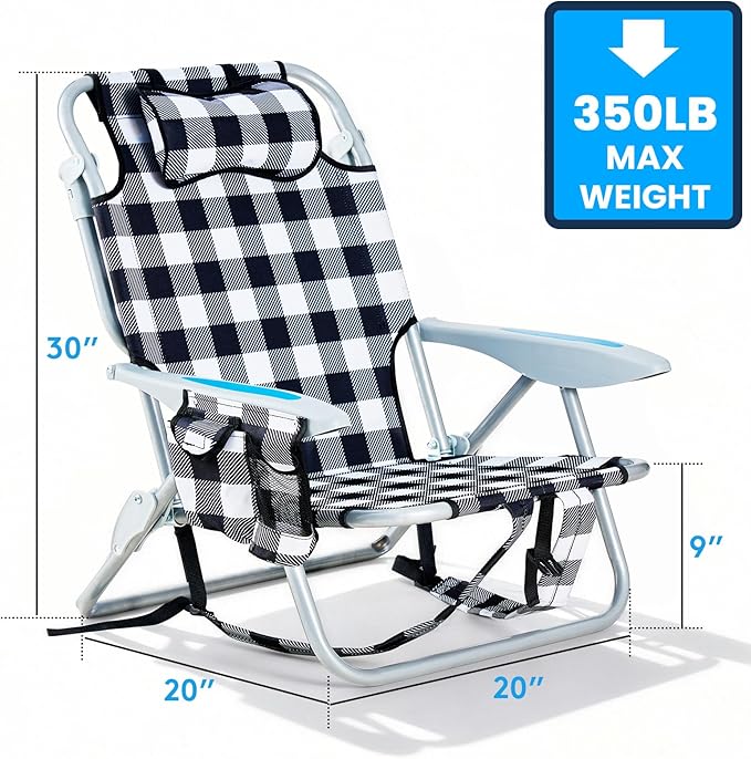Portable Beach Chair for Adults, Outdoor Camping Chair Lay Flat Folding Backpack Beach Reclining Chair with 5 Positions, Headrest, Cup Holder, Heavy Plaid