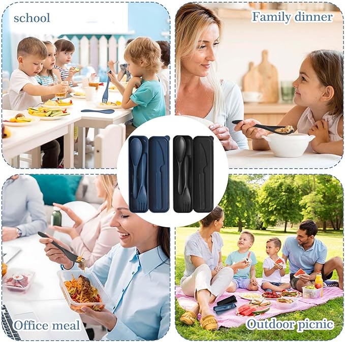2 Sets Reusable Utensil Set with Case, Portable Plastic Spoons Fork Knife Camping Utensils for Lunch Box Accessories for Kids Adults Travel Picnic Camping Daily Use(Blue, Black)
