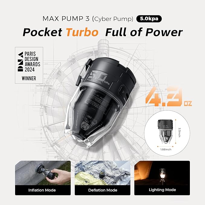 FLEXTAILGEAR Max Pump 3 Air Pump for Inflatables, 5Kpa Portable Air Pump, 500L/min Air Mattress Pump with Camping Light, Electric Pump for Inflatable Pillows Swim Rings Air Mattresses Air Bed Boats