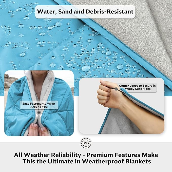 STOVER Outdoor Waterproof Fleece Travel Blanket for Camping, Picnics, Stadiums, Sports, the Beach– Warm, Windproof, Compact, Lightweight & Sand-Resistant (Sky Blue)