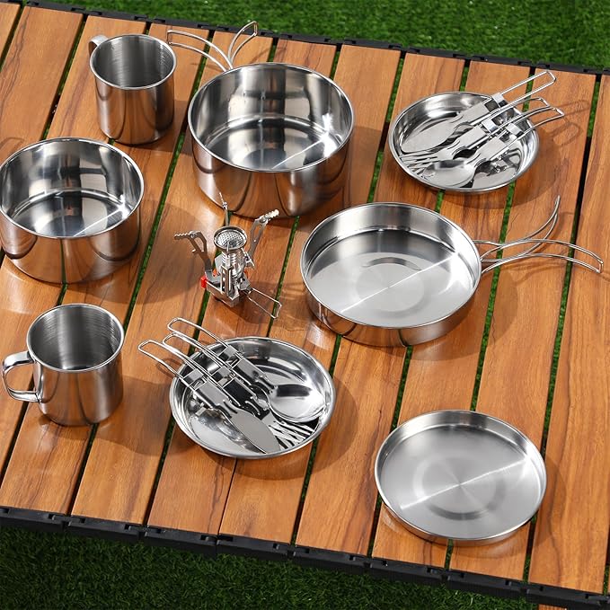 Funnymoom 15 Pcs Camp Cooking Set Stainless Steel Camping Cookware Mess Kit with Pot Pan and Stove 2 Set Stainless Steel Cups Plates Forks Knives Spoons for Camping Backpacking Outdoor Cooking Picnic