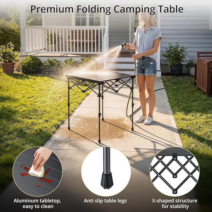 Anbte Camping Table Foldable, 2 Height Max 27.5" Aluminum Roll up Camping Table with Carry Bag & Heat-Resistant Tabletop, Lightweight, for Indoor Outdoor RV BBQ Picnic Patio Beach, 26" x 23", Black