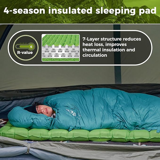 ATEPA ThermAir Backpacking Inflatable Sleeping Pad, 6 R-Value Insulated Ultralight Portable Camping Pad Sleeping Mat with 7 Layers & Storage Bag for Camping Backpacking Tent, Wide Long Size (72"x25")