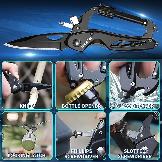 Multi-tool Carabiner with Pocket Knife, Bottle Opener, Window Breaker, Screwdrivers, EDC Tactical Survival Gear for Camping (Black)
