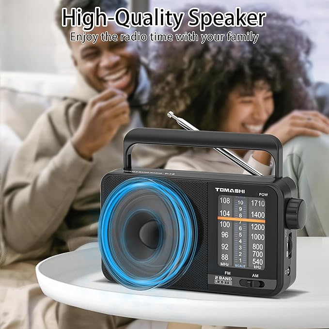 TOMASHI Portable Radio am fm,Transistor Radio with Best Reception,Large Tuning Knob,Battery Operated by 3 D Cell Batteries or AC Power,Big Speaker,Suit for Senior and Home (Black)
