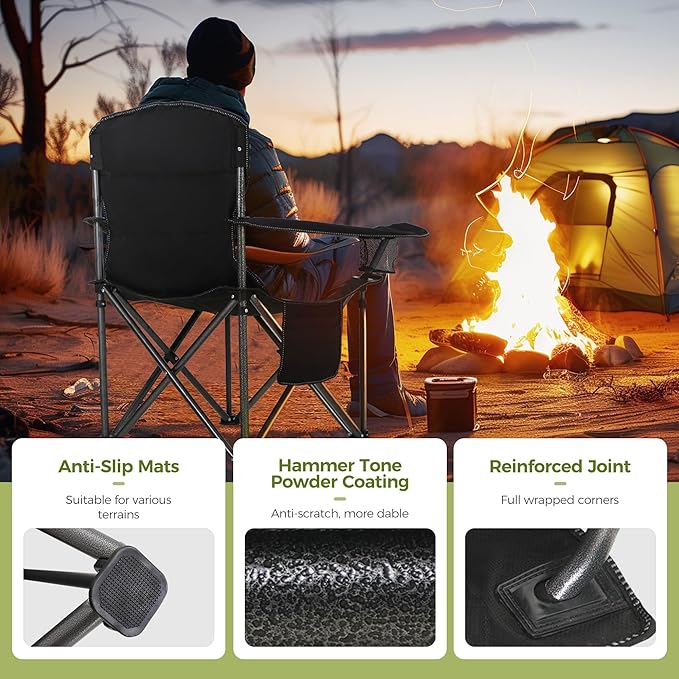 ALPHA CAMP 2PC Oversized Camping Chair Heavy Duty Lawn Chair with Cooler Bag (Black)