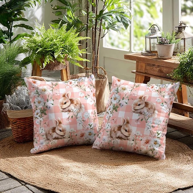 Bunny Throw Pillow Covers 18x18 Set of 2 | Pink Floral Rabbit Cushion Cases | Cute Easter Spring Gingham Decorative Pillow Covers for Couch Sofa Bedroom Girls Room