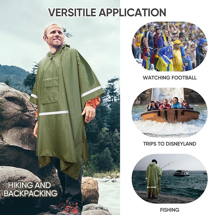 PTEROMY 3-in-1 Hooded Rain Poncho for Adult with Pocket, Waterproof Lightweight Unisex Raincoat for Hiking Camping Emergency