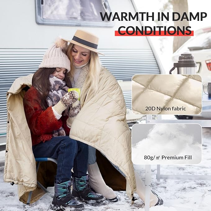 Camping Blanket with Zipper Pocket, 85'' x 61'' Large Wearable Hooded Blanket, Ultralight Warm Sleeping Bag, Windproof Camping Poncho for Outdoor Stadium Sports Gaming Hiking Picnic Concerts