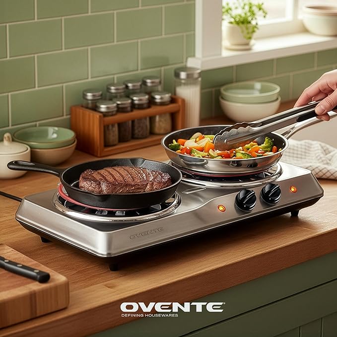 OVENTE Electric Countertop Double Burner, 1700W Cooktop with 6" and 5.75" Stainless Steel Coil Hot Plates, 5 Level Temperature Control, Indicator Lights and Easy to Clean Cooking Stove, Silver BGC102S