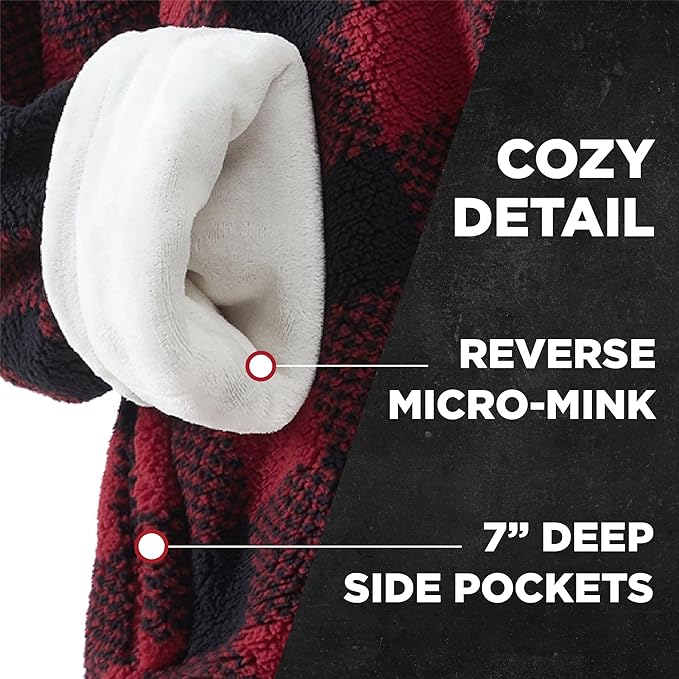 Cathay Home Oversized Wearable Sherpa and Micro-Mink Blanket Hoodie, Red - One Size Fits Most