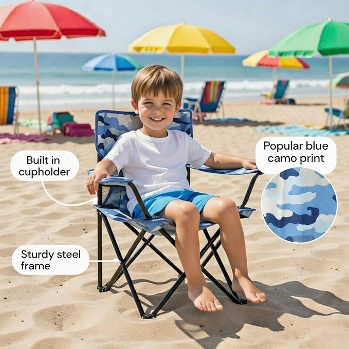 Emily Rose Kids Folding Beach Camp Chair with Safety Lock - Camping Travel Chair for Boys Girls Toddlers Ages 2-7 with Cup Holder & Carry Case (Blue Camo) Indoor Outdoor Lightweight USA Brand