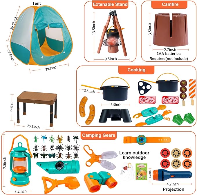 Qtioucp Kids Camping Set 50pcs with Folding Storage Table/Tent & Children’s Projector Flashlight- Outdoor Campfire Toy Set for Toddlers Kids - Pretend Play Camp Gear Tools for Birthday Christmas