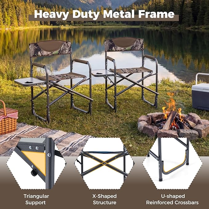 COSTWAY Folding Camping Chair, Lightweight Portable Directors Chair w/Side Table & Cup Holder, Padded Outdoor Heavy Duty Lawn Chair for Fishing, Picnic, Sports, Beach, Max Load 400 lbs (Camouflage,1)
