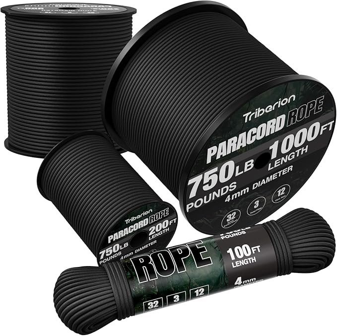 Paracord Rope 750 lb - 500ft 5/32" Parachute Cord 4MM 12-Strand para Cord - Heavy Duty Spool String for Survival,Camping Gear, Survival Bracelet, Clothesline - Black