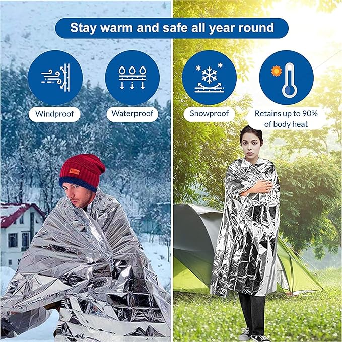 Polyethylene Mylar Silver Emergency Foil Thermal Blanket (Pack of 50), 210 x 160 cm (82" x 63") Reflective Blankets Perfect for Outdoors, Hiking, Marathons or First Aid