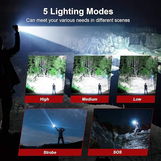 Flashlight 10000 High Lumens Rechargeable - 30W Super Bright LED Flash Light | 5000ft Beam & 12H Long Lasting USB C High Powered Handheld Police Flashlight for Home, Camping, Hiking, Emergency