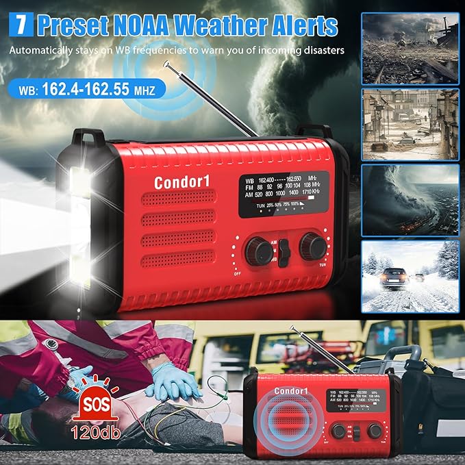 20000mAh Emergency Weather Radio, Solar Hand Crank Portable AM/FM/NOAA Radio with Flashlight, Reading Lamp, SOS Alarm, USB-C Cell Phone Charger for Home Outdoor Survival-Red