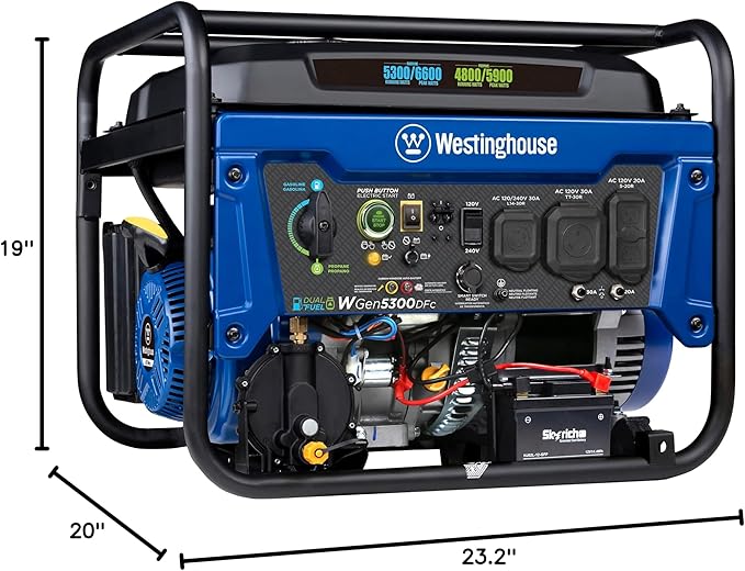 Westinghouse 6600 Watt Dual Fuel Home Backup Portable Generator, Remote Electric Start, Transfer Switch Ready, RV Ready, CO Sensor