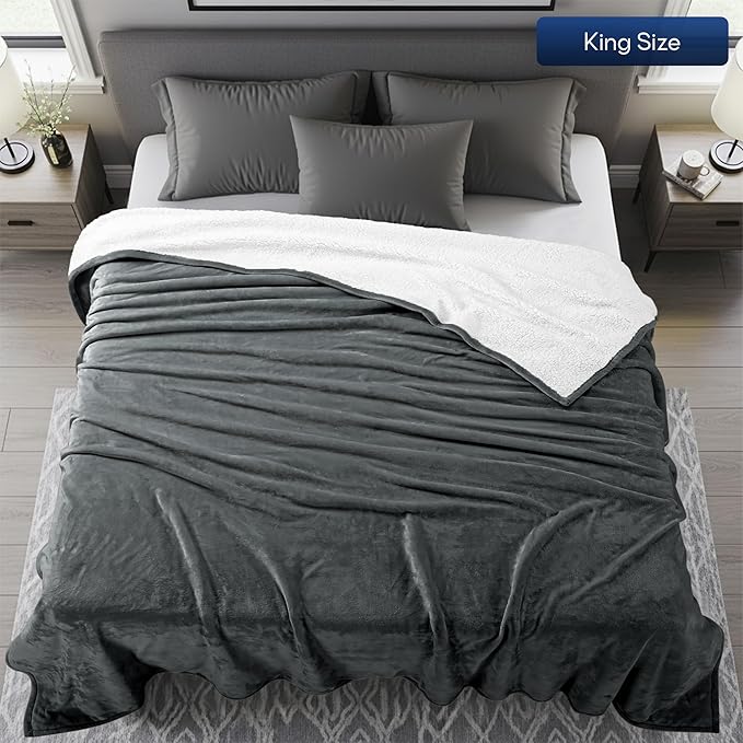 Utopia Bedding Sherpa Blanket King Size (Grey, 90x102 Inches) - Soft Warm Plush Fleece Reversible Blanket for Bed, Sofa, Couch, Camping and Travel