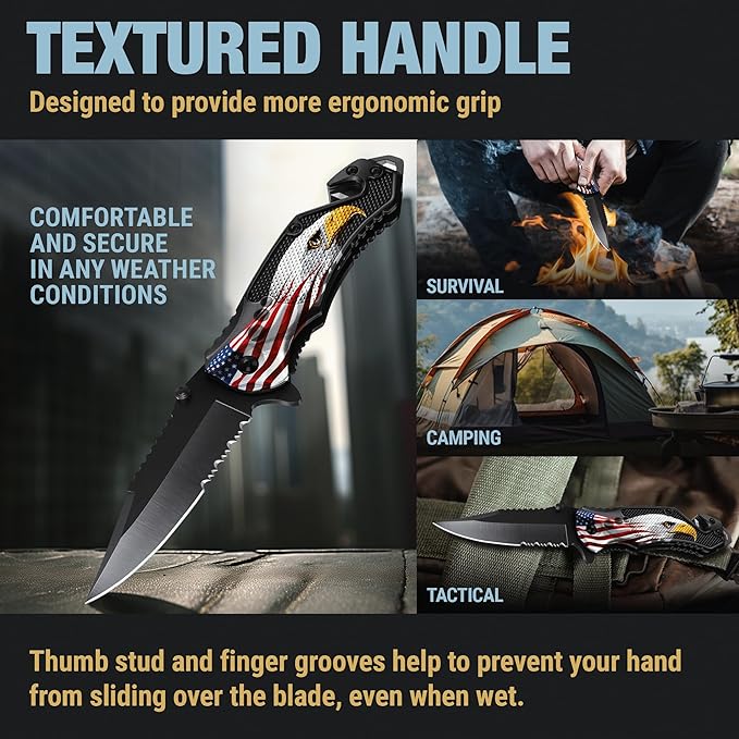 GOOD WORKER Legal Pocket Knife with 2.95” Serrated Blade, Glass Breaker, Seat Belt Cutter - EDC Sharp Folding Knives with Portable Clip - Small Tool for Tactical Camping Survival Hiking - Gifts for Men, Women