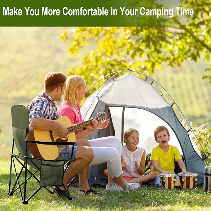 Folding Camping Collapsible Chairs Heavy Duty Lawn Chair with Cooler Bag, Storage Pocket, Waterproof Bag Outdoor Arm Chair, Supports 225LBS, Green