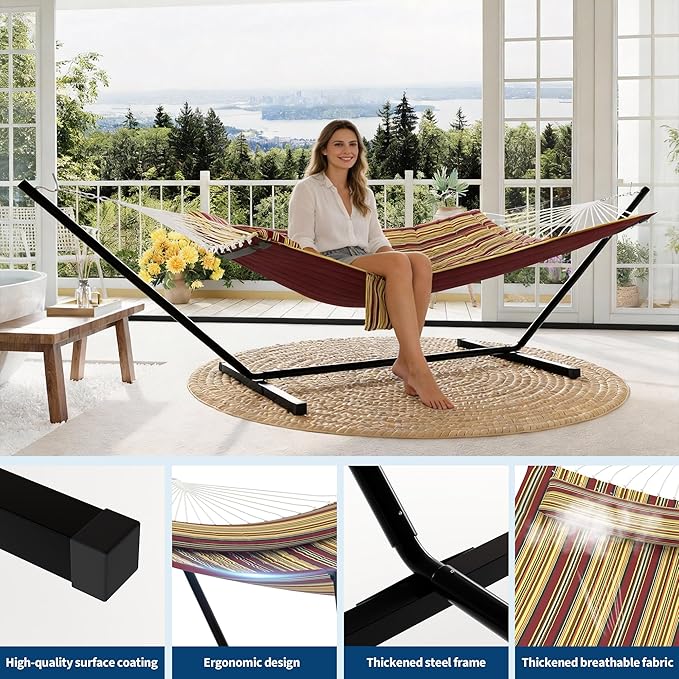 Garvee﻿ 2 Person Hammock with Stand for Outside, Double Hammock with Stand and Pillow, Max 450 Lbs Capacity with Balance Rope, Large Hammock for Outdoor Patio Backyard Poolside