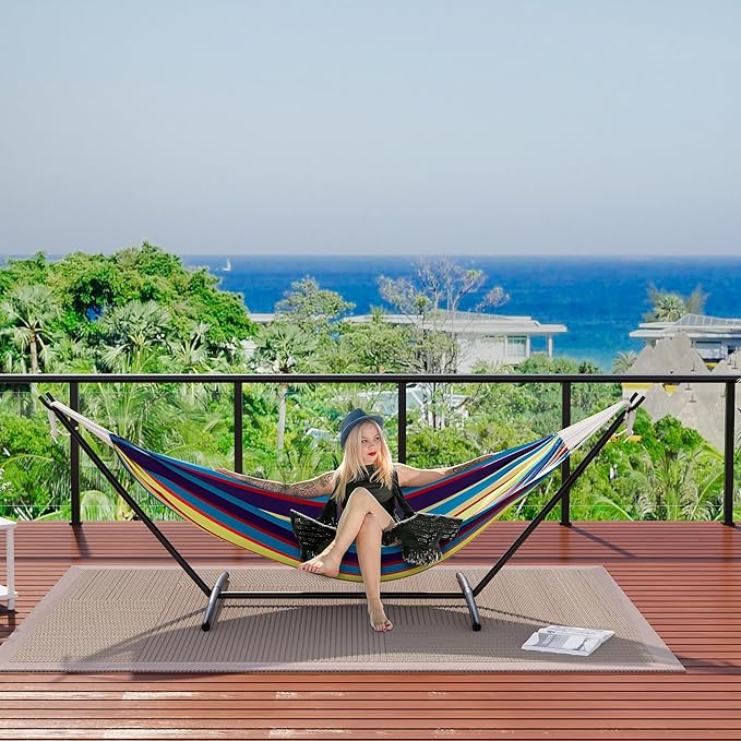 Double Hammock with Steel Stand - 2 Person Hammock Bed Indoor Outdoor, Brazilian-Style, with Carry Bag, 450lb Capacity, Portable & Easy Assembly, Tropical