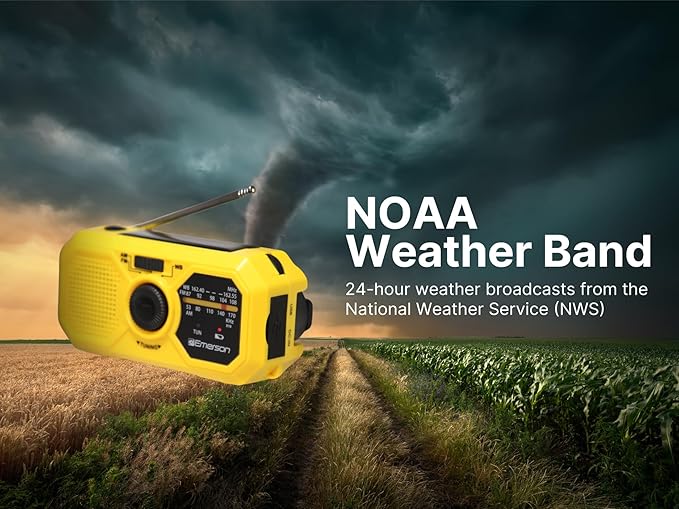 Emerson ER-7050 Emergency AM/FM Radio with NOAA Weather Band, Built-in Power Bank, Hand Crank, Solar Charging, LED Flashlight, and SOS Alarm – Essential Survival Gear for Camping and Emergency Prep