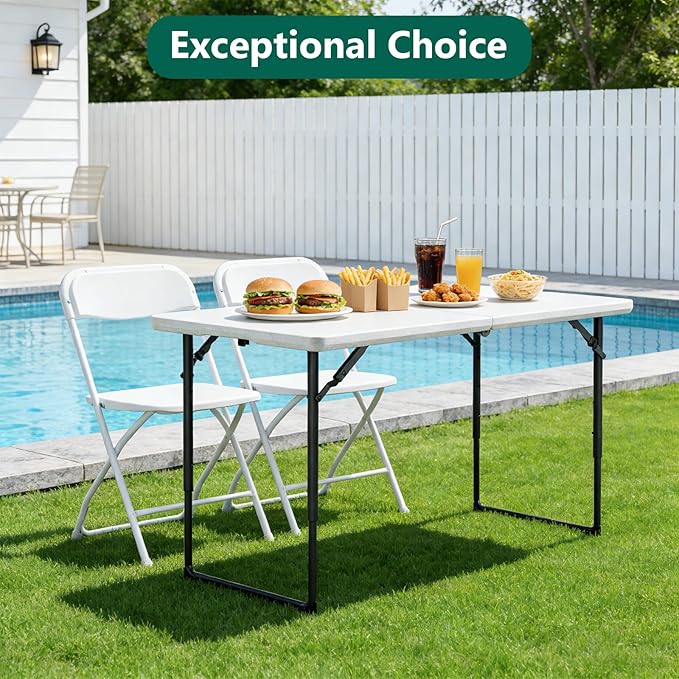 Folding Table 4ft - Heavy Duty Fold-in-Half Plastic Table with Adjustable Height, Portable Utility Tables with Steel Legs for Indoor, Outdoor, Picnic, Camping, Dining, Party (White)