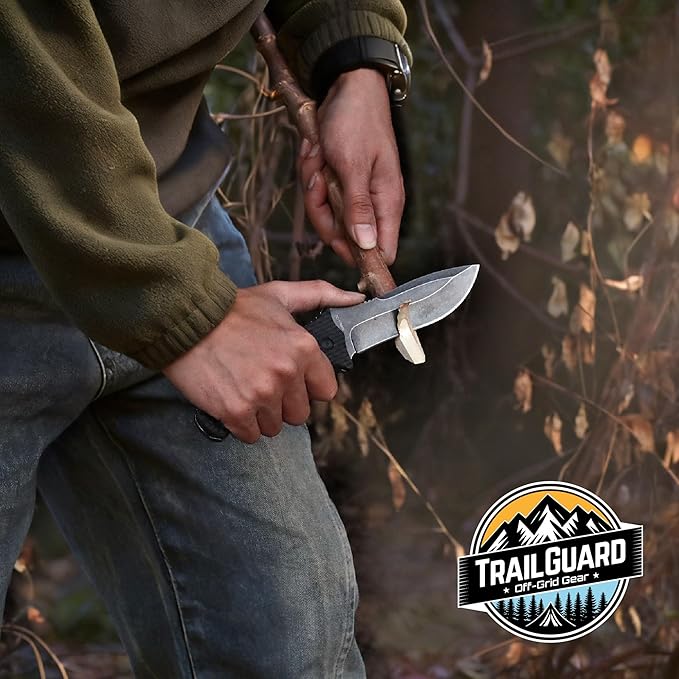 Off-Grid Gear TRAILGUARD Camping & Tactical Fixed Blade Knife, Stainless Steel Blade, Grippy FRN Scales, Sheath, Built For Campers, Preppers, Hunters, Fishermen, Survivalists, Handymen, Boaters, Bug Out Bag (Blackout)
