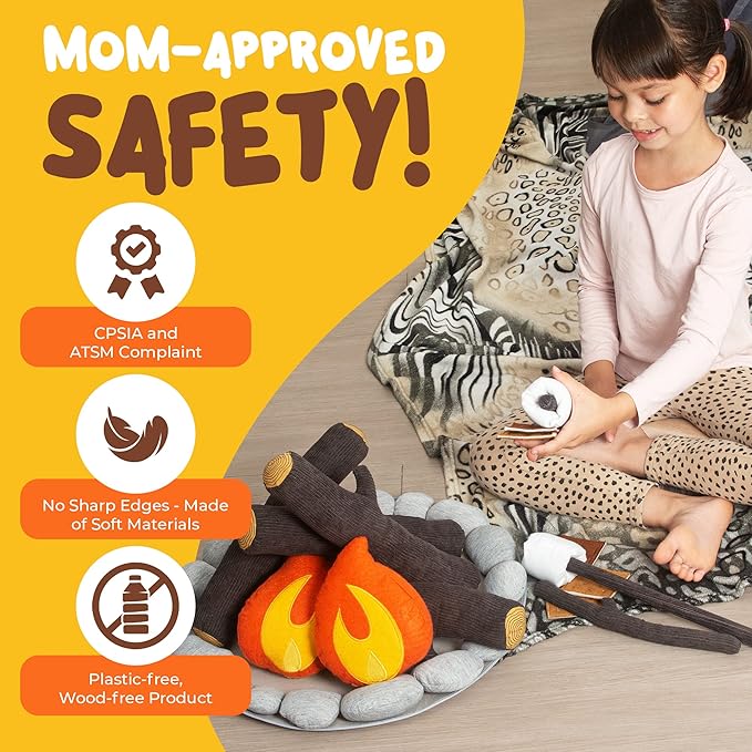 Pretend Campfire Set for Kids with S'Mores Kit & Wood Log Pillow - Soft, Safe & Durable Toy Campfire for Pretend Play & Sensory Play - Giftable Plush Felt Kids Campfire Playset for Ages 3+