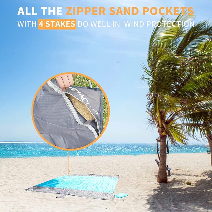 covacure Beach Blanket Waterproof Sandproof 79”X 83"- Large Beach Blanket Sandproof Fits for 4 Adults, Waterproof Beach Mat with 3 Zipper Pocket, Outdoor Beach Mat for Travel, Camping, Hiking