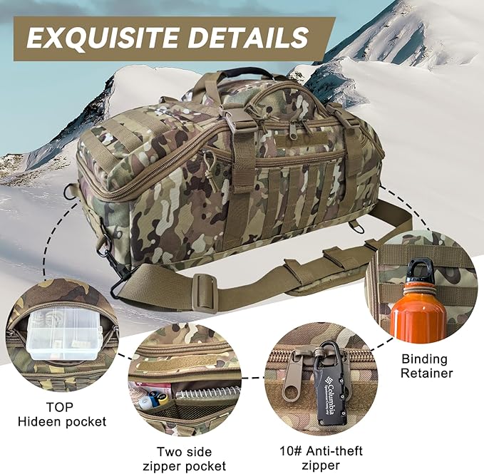 Hannibal Tactical 55L Large Duffle Bag, 3-in-1 Tactical Backpack MOLLE Pack for Sports, Gym, Outdoor, CP