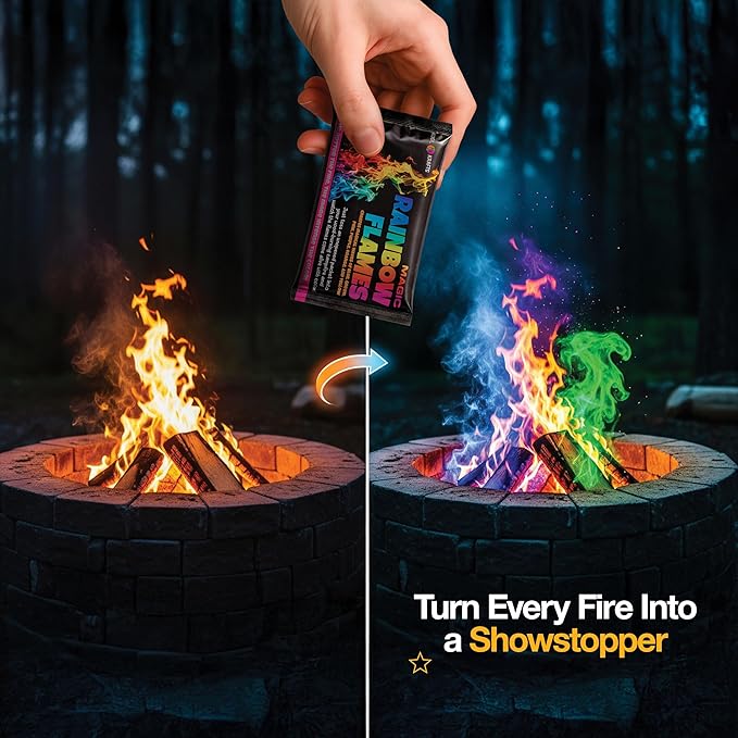 Complete Campfire Kit , Box include 6 Magical Color Changing Fire Packs, 20 Game Cards, 10 Glowsticks, 2 Fire Starters, 10 Incense Sticks, 10 Bamboo Sticks, Fun Camping Set, Outdoor Parties, Campfire