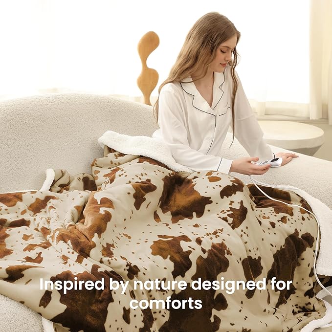 Heated Blanket Twin Blanket - Fast Heating Electric Blanket, Soft Flannel Heated Twin with 4 Time Settings,10 Heating Settings, Warm Gifts for Women & Mom&Grandma(62"x84"Cow Print Apricot)