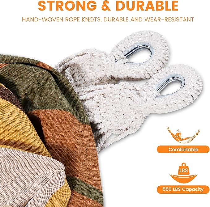Lazy Daze Hammocks Double Brazilian Cotton Hammock, Extra Large Portable Outdoor Camping Hammock with Tree Straps & Travel Bag for Backyard Patio Poolside Indoor, 550lbs Capacity, Brown & Khaki