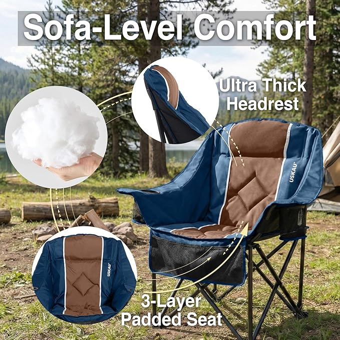 Oversized Camping Chair for Adults - Heavy Duty 400 lbs Padded Folding Chair with Wine Glass Holder, 2 Cup Holders & Side Pockets, Portable Carry Bag for RV, Tailgating, Lawn