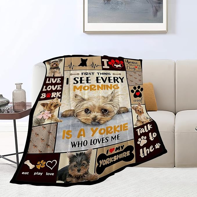 Funny Dog Blanket Soft Warm Cute Kawaii Yorkshire Terrier Dog Plush Throw Blanket Cozy Lightweight Flannel Bedding Decor Fleece Blanket Gifts for Girls Boys Kids Women 50"x60"